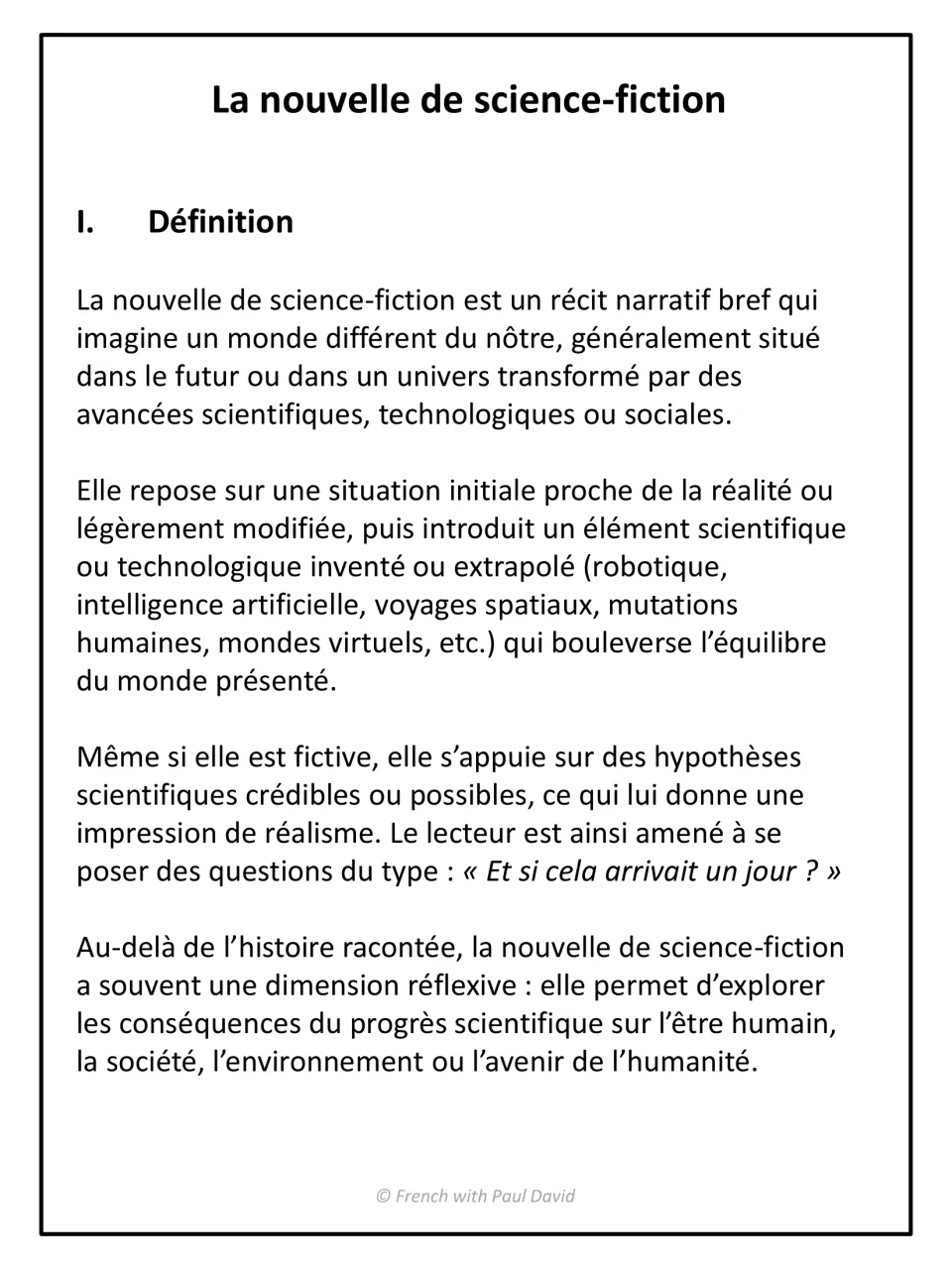 Sci-fi short story definition in French: students read how the genre imagines a future world shaped by science