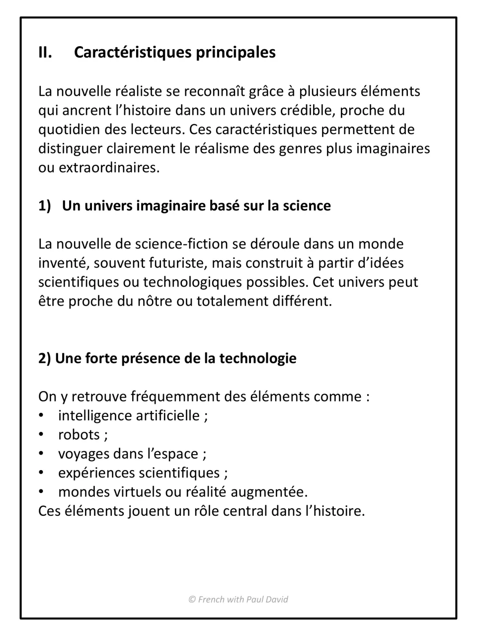 Main features of sci-fi stories in French: students read about science-based worlds and a list of technologies like robots