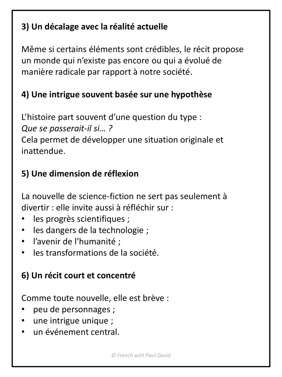 Sci-fi traits 3 to 6 in French: notes on a gap with reality, the 'what if' hypothesis, reflection and a short focused plot