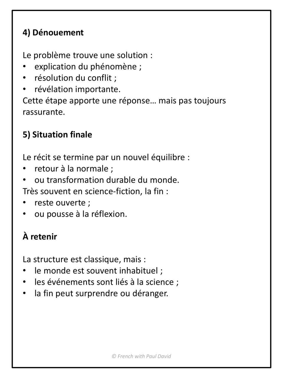 Sci-fi plot structure continued in French: notes on the resolution and final situation, often open, and an À retenir recap