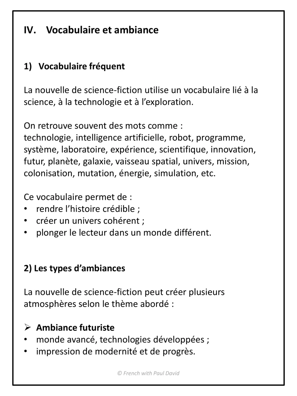 Sci-fi vocabulary in French: frequent words like robot, galaxie and vaisseau spatial, then the futuristic mood type