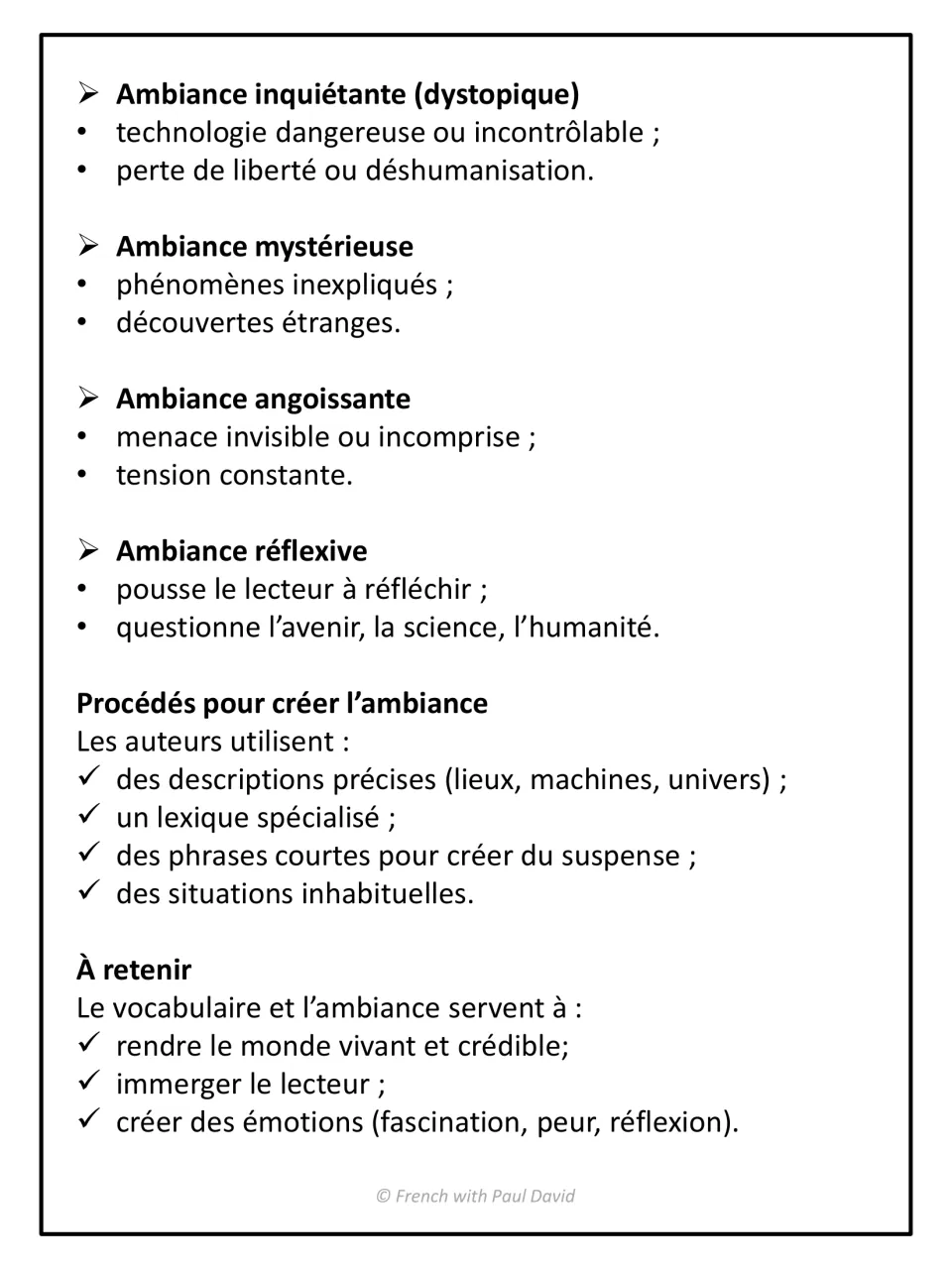 Sci-fi moods in French: dystopian, mysterious, anxious and reflective, with author techniques and an À retenir recap