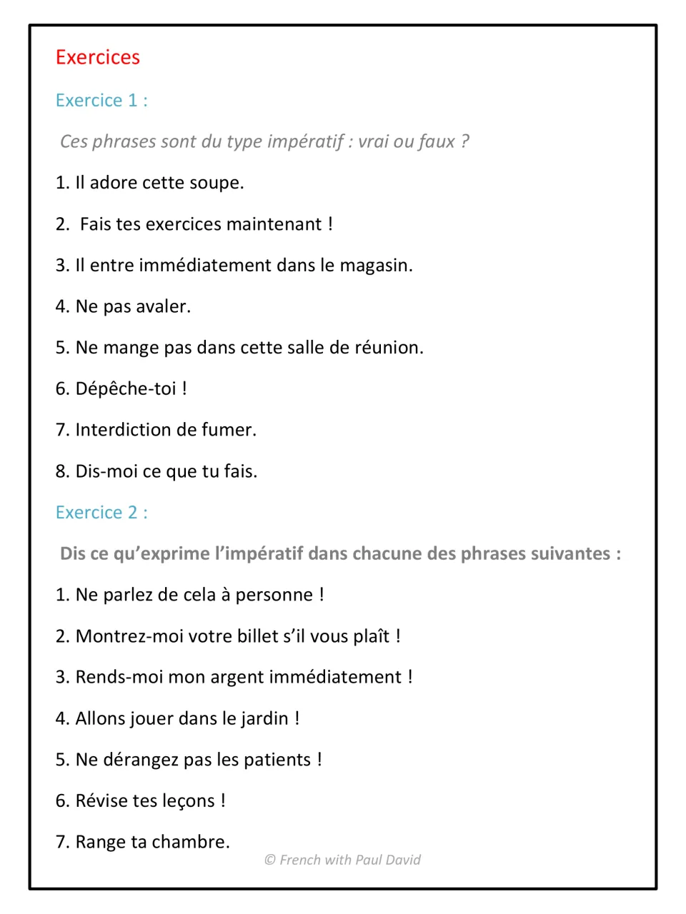 Imperative exercises 1-2: students mark 8 French sentences true or false as imperative, then say what 7 commands express