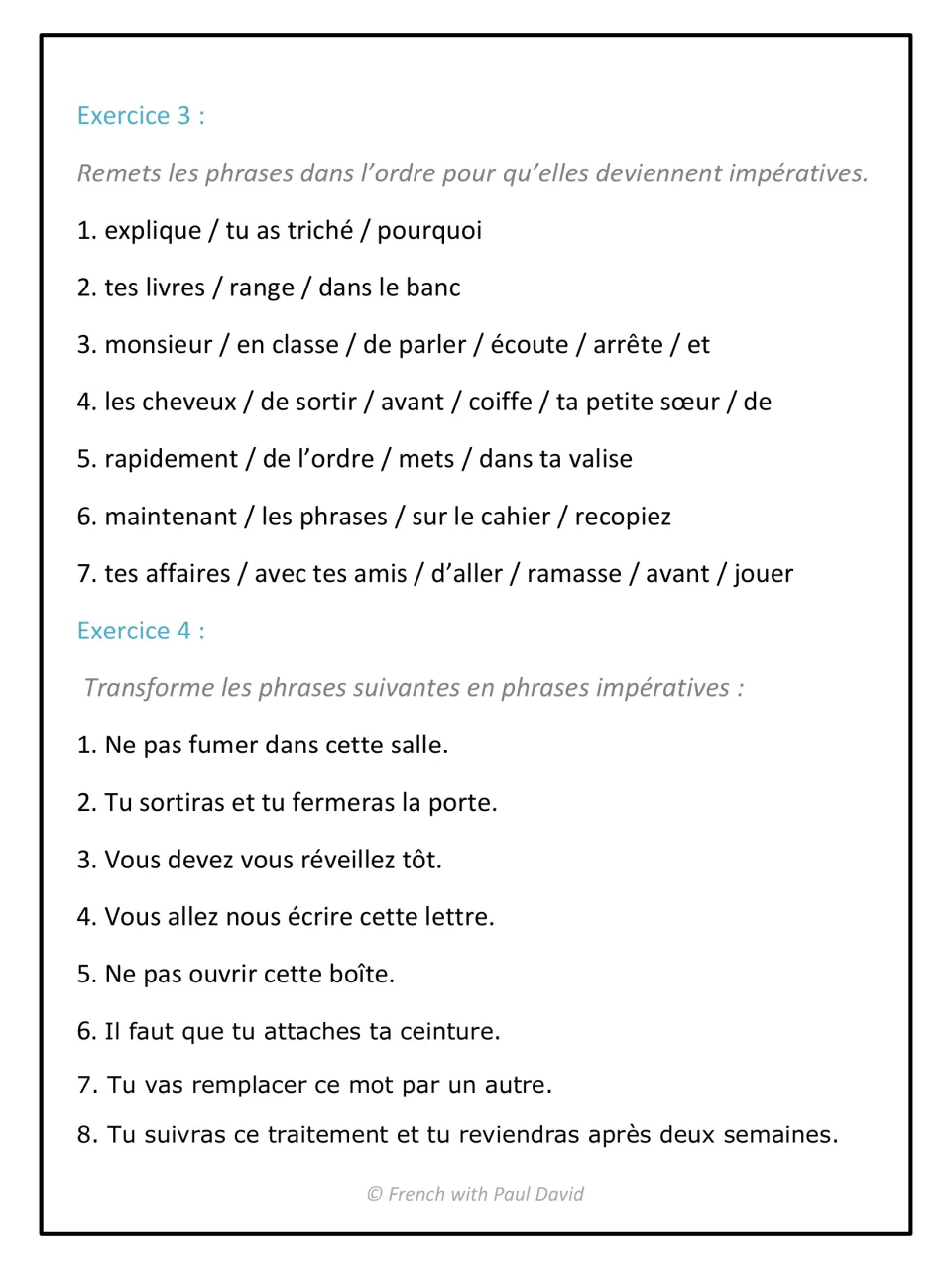 Imperative exercises 3-4: students unscramble 7 sets of French words into commands, then rewrite 8 sentences as imperatives