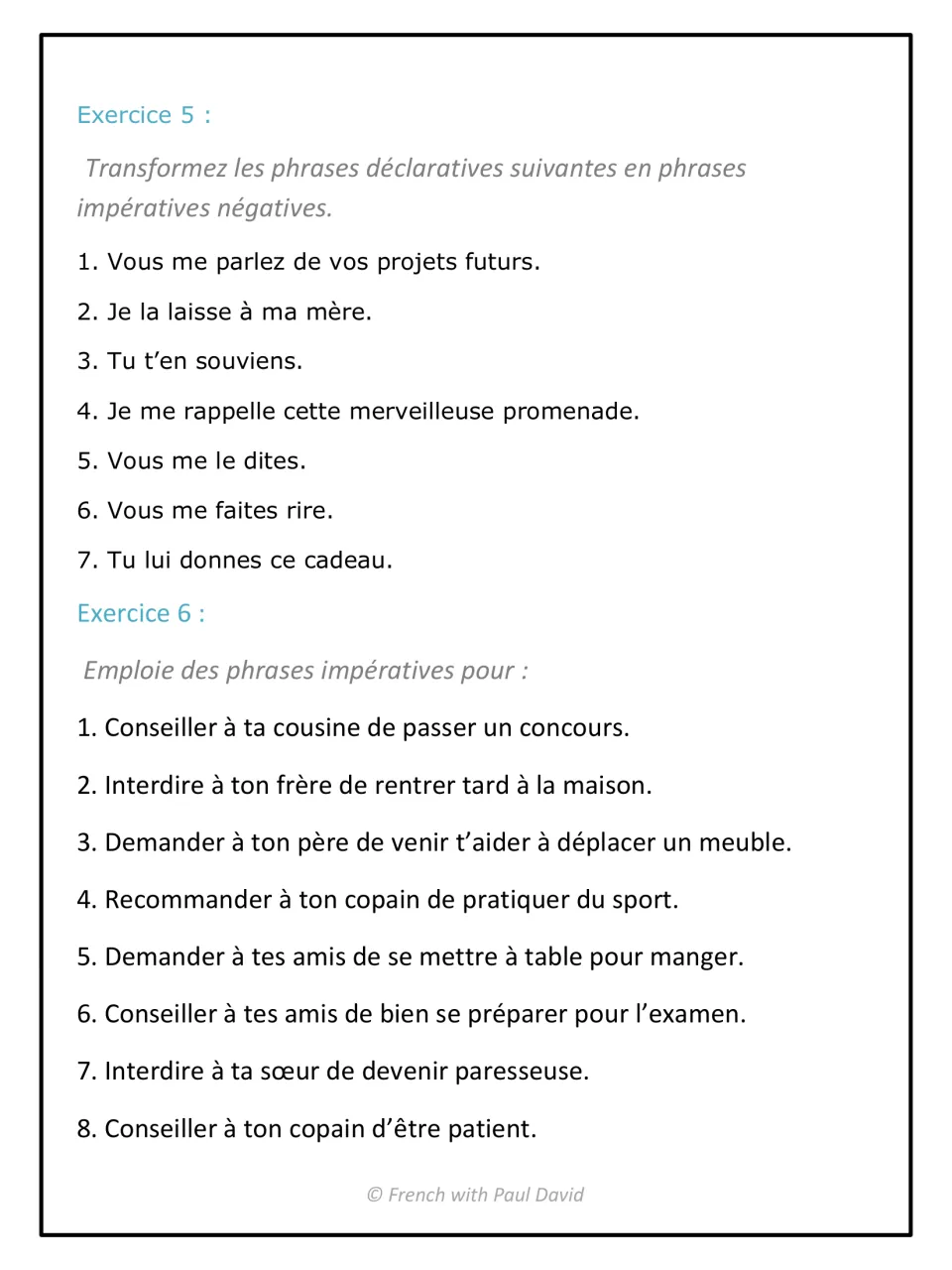 Imperative exercises 5-6: students turn 7 statements into negative commands, then write commands to advise, ask or forbid