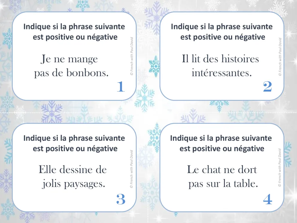 French task cards 1–4: identify affirmative or negative sentences about candy, stories, drawings, and a cat.