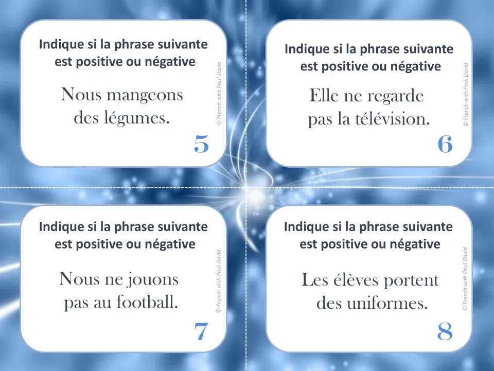 French task cards 5–8: identify affirmative or negative sentences about vegetables, TV, soccer, and uniforms.