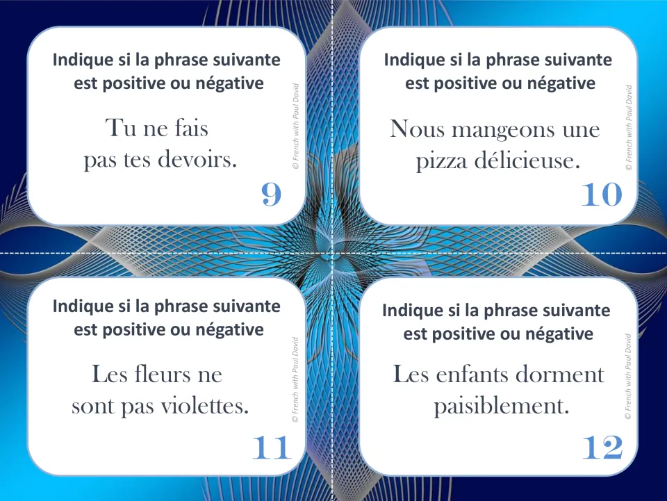 French task cards 9–12: identify affirmative or negative sentences about homework, pizza, flowers, and sleep.