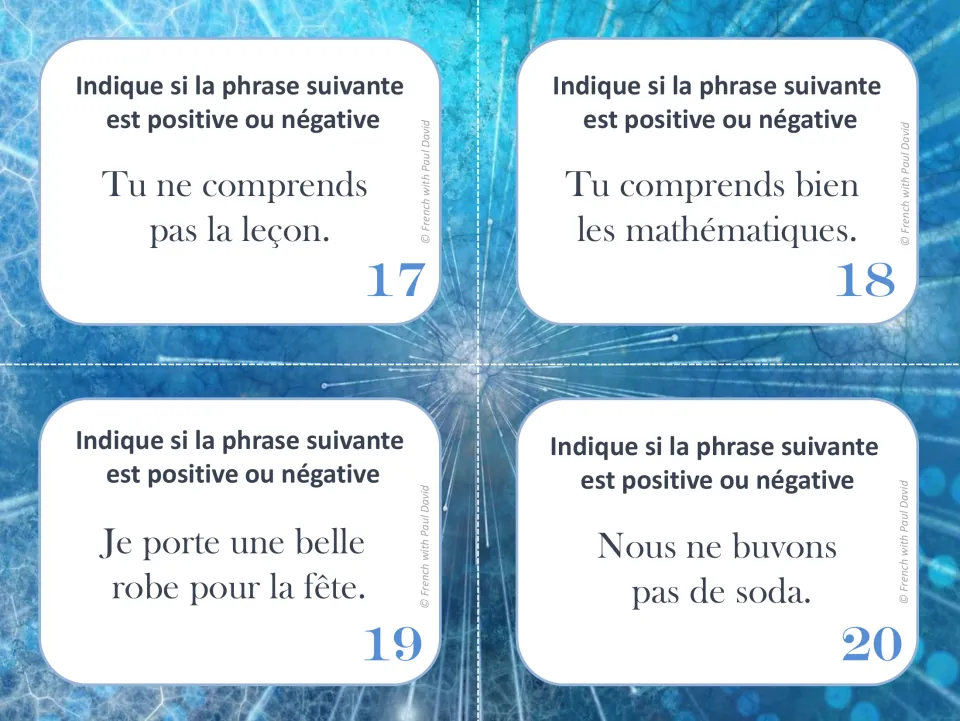 French task cards 17–20: identify affirmative or negative sentences about a lesson, math, a dress, and soda.