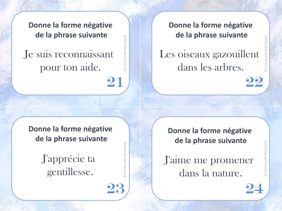 French task cards 21–24: rewrite sentences about gratitude, birds, kindness, and nature walks in the negative.