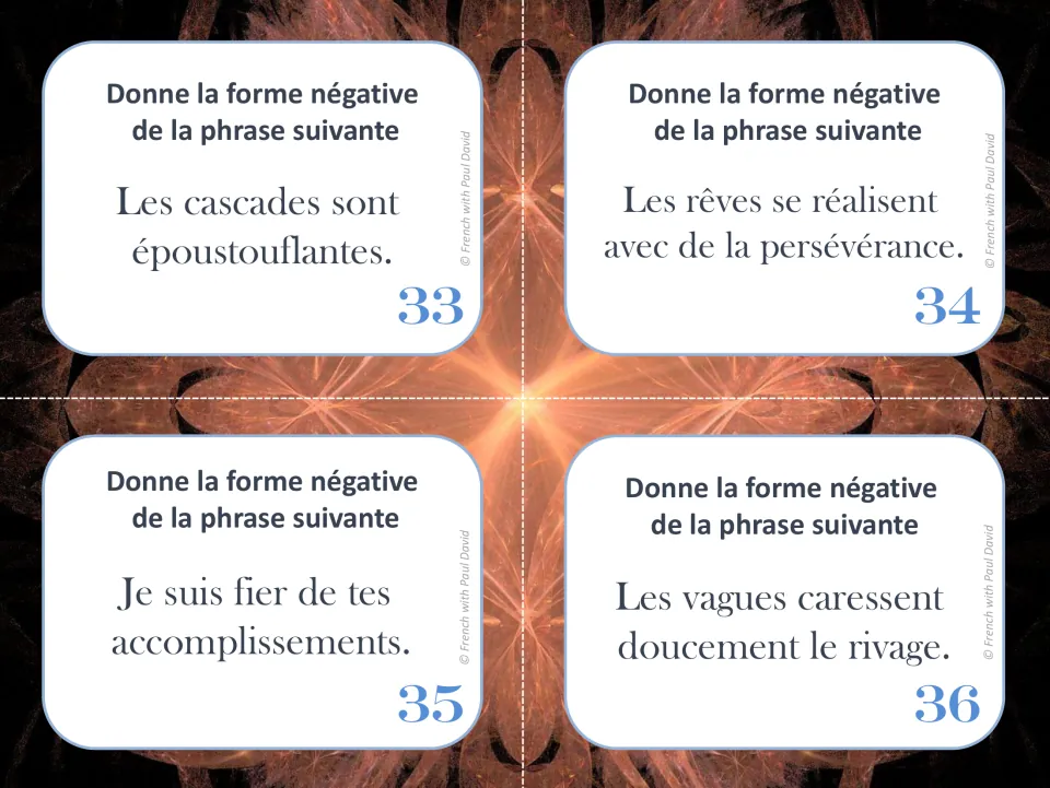 French task cards 33–36: rewrite sentences about waterfalls, dreams, accomplishments, and waves in the negative.