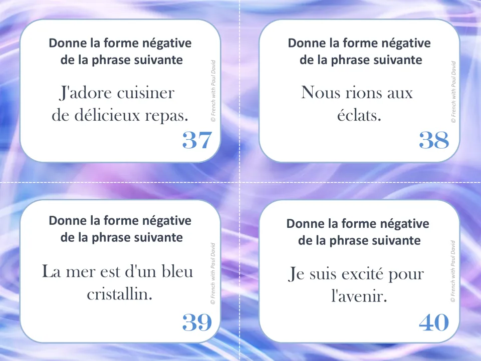 French task cards 37–40: rewrite sentences about cooking, laughter, the sea, and the future in the negative.