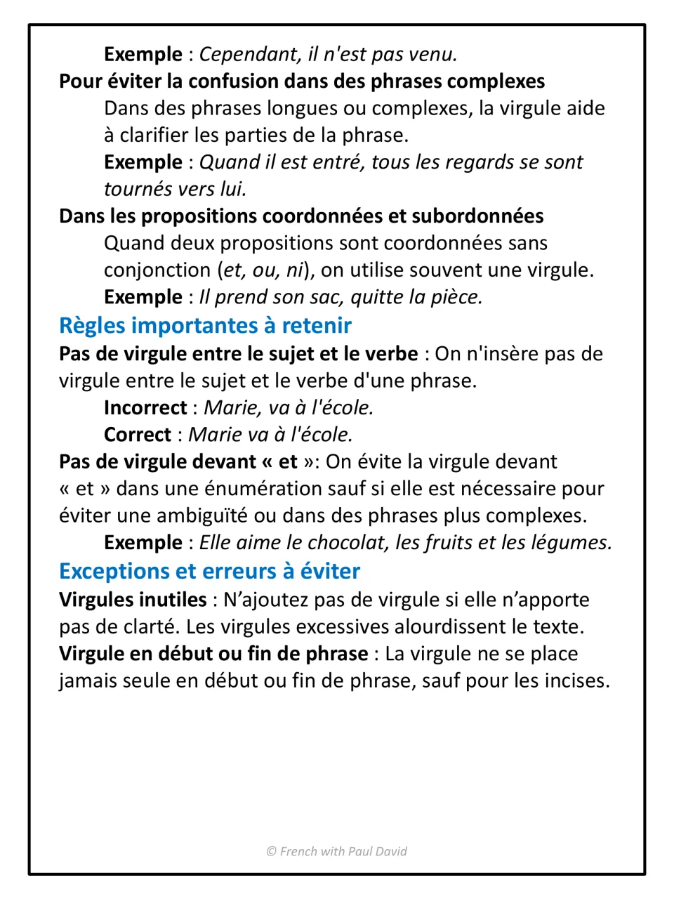 Comma rules continued: no comma between subject and verb, none before et in a list, with correct and incorrect examples