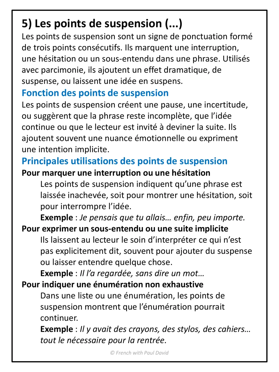 Les points de suspension: ellipsis notes on showing hesitation, implied meaning and an unfinished list, with examples