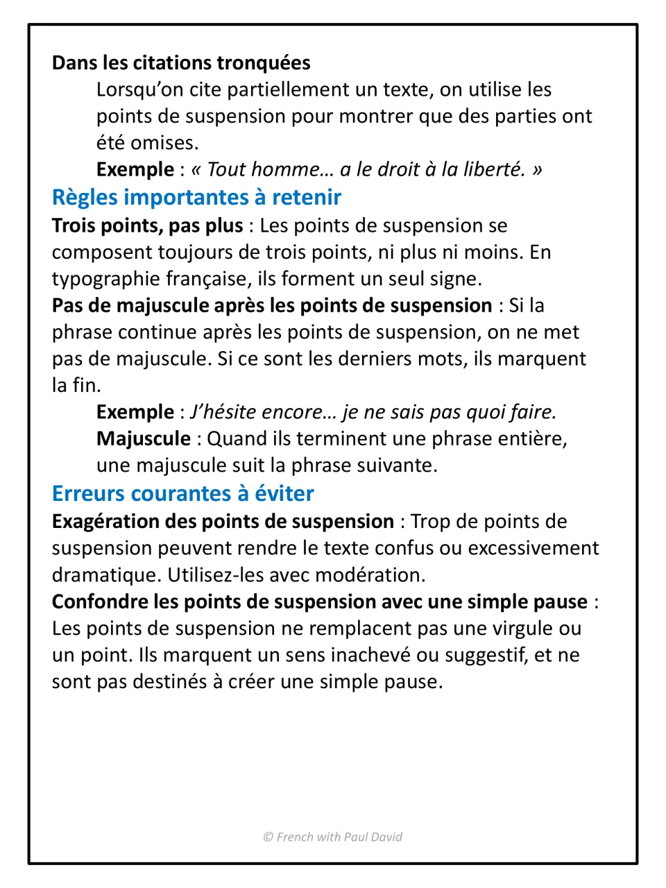Ellipsis rules continued: truncated quotations, exactly three dots, capitals after the ellipsis, and warnings on overuse