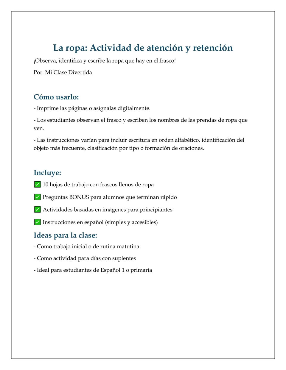La ropa attention activity overview: how-to-use steps, list of 10 clothing jar worksheets and class ideas in Spanish