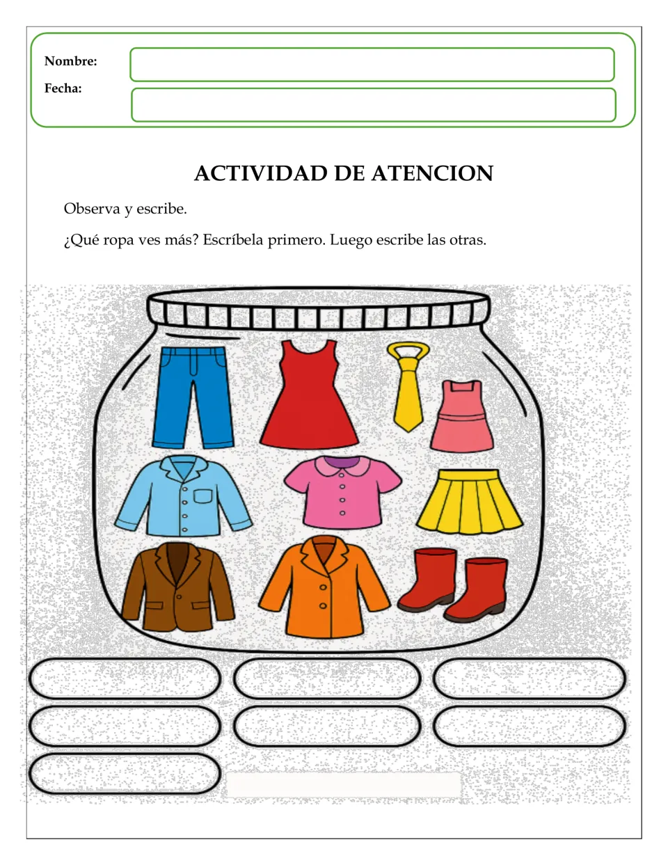 Most frequent item: students find the clothing seen most in the jar, write it first, then list the dresses, coats and more
