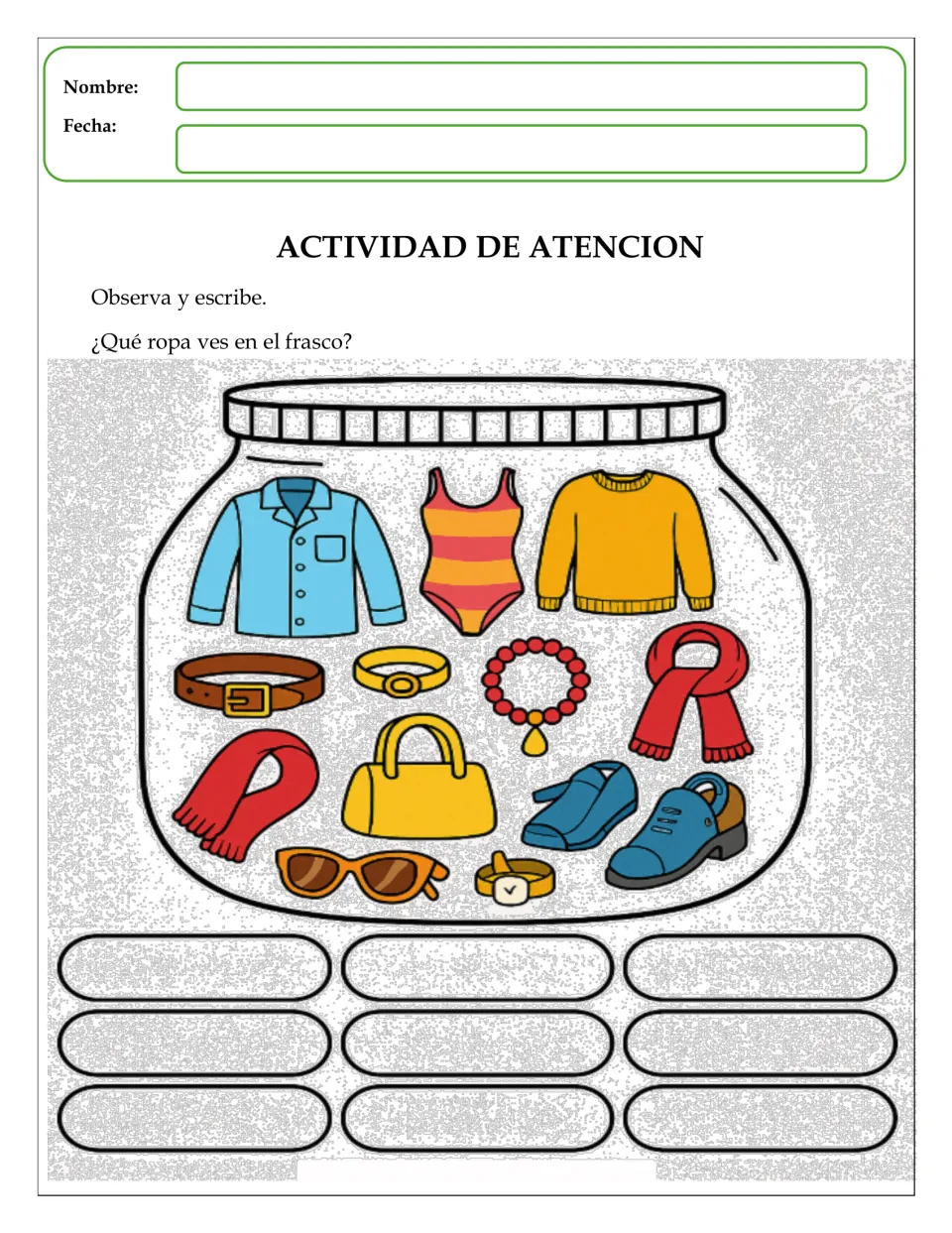Accessories and clothing jar: students name what they see, including a swimsuit, sweater, belt, scarves, purse and glasses