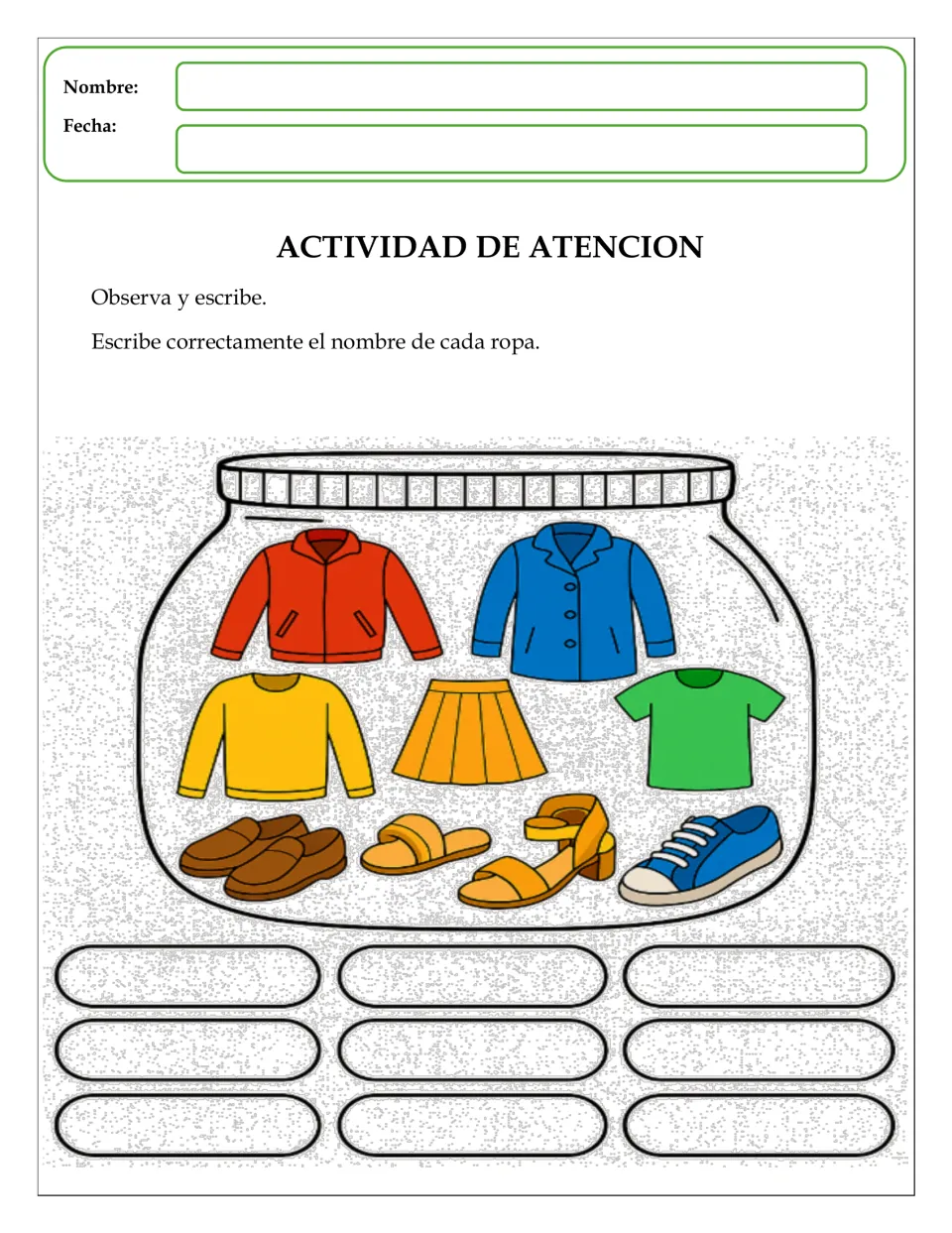 Spelling clothing words: students write each item's name correctly, from jackets and a sweater to sandals and shoes
