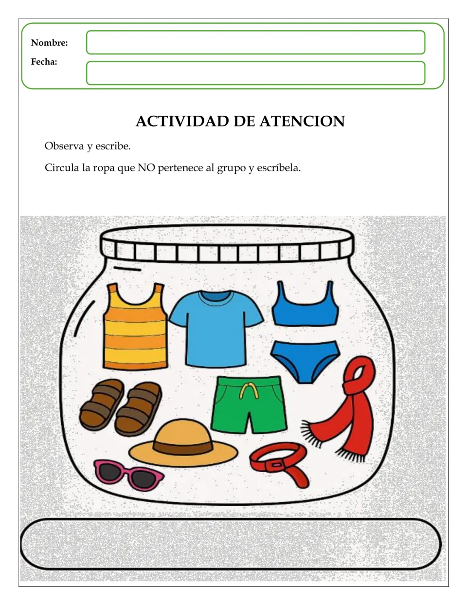 Odd one out: students circle and write the item that does not belong among a tank top, swimsuit, shorts, sandals and scarf