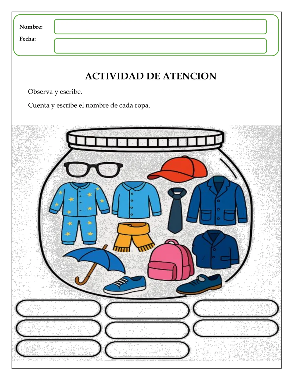 Count and name: students count the jar's items and write each name, including pajamas, a tie, blazers, cap and umbrella