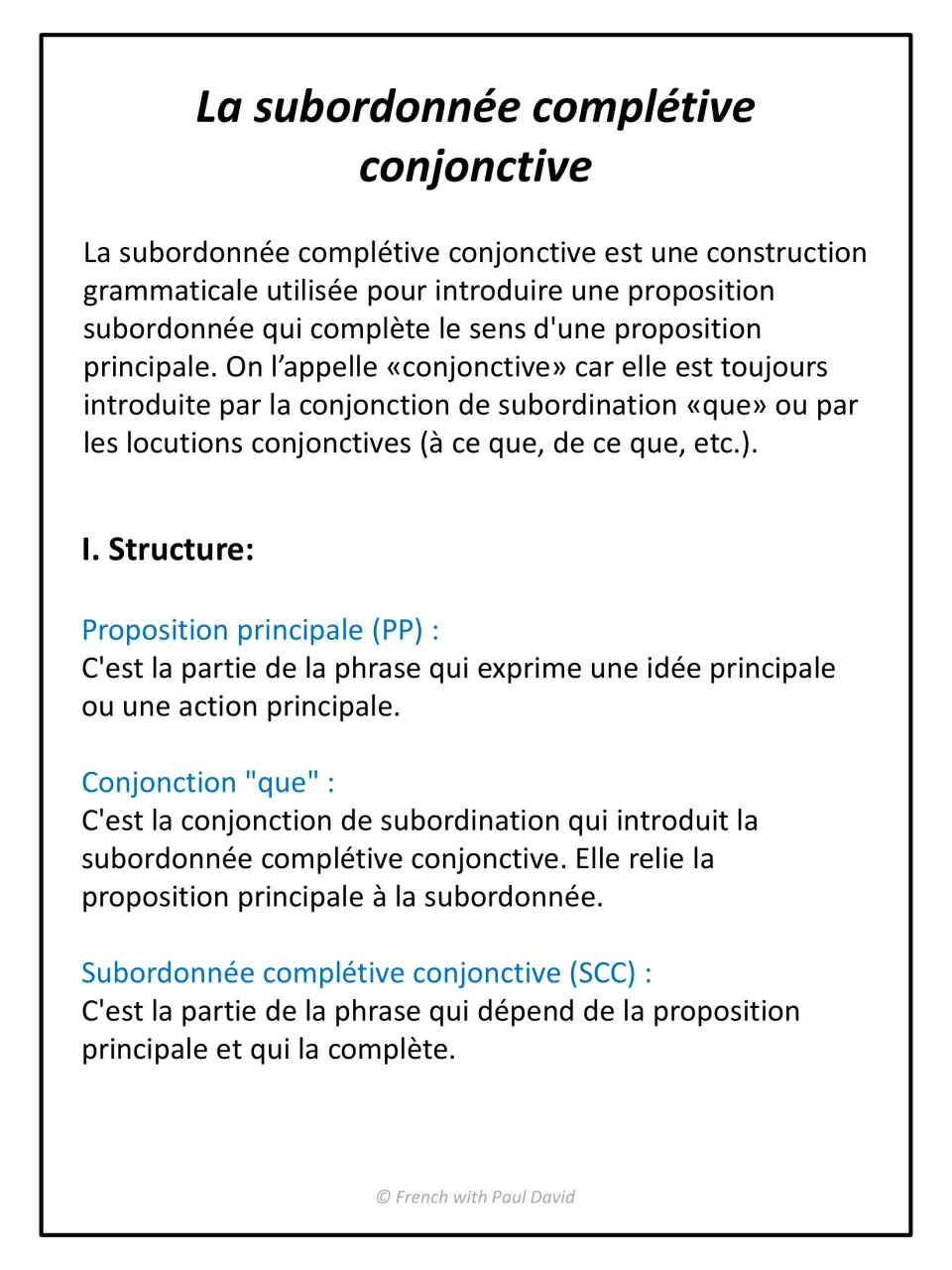 French completive clauses explained: definition of the conjunctive clause and its structure of main clause, que, subordinate