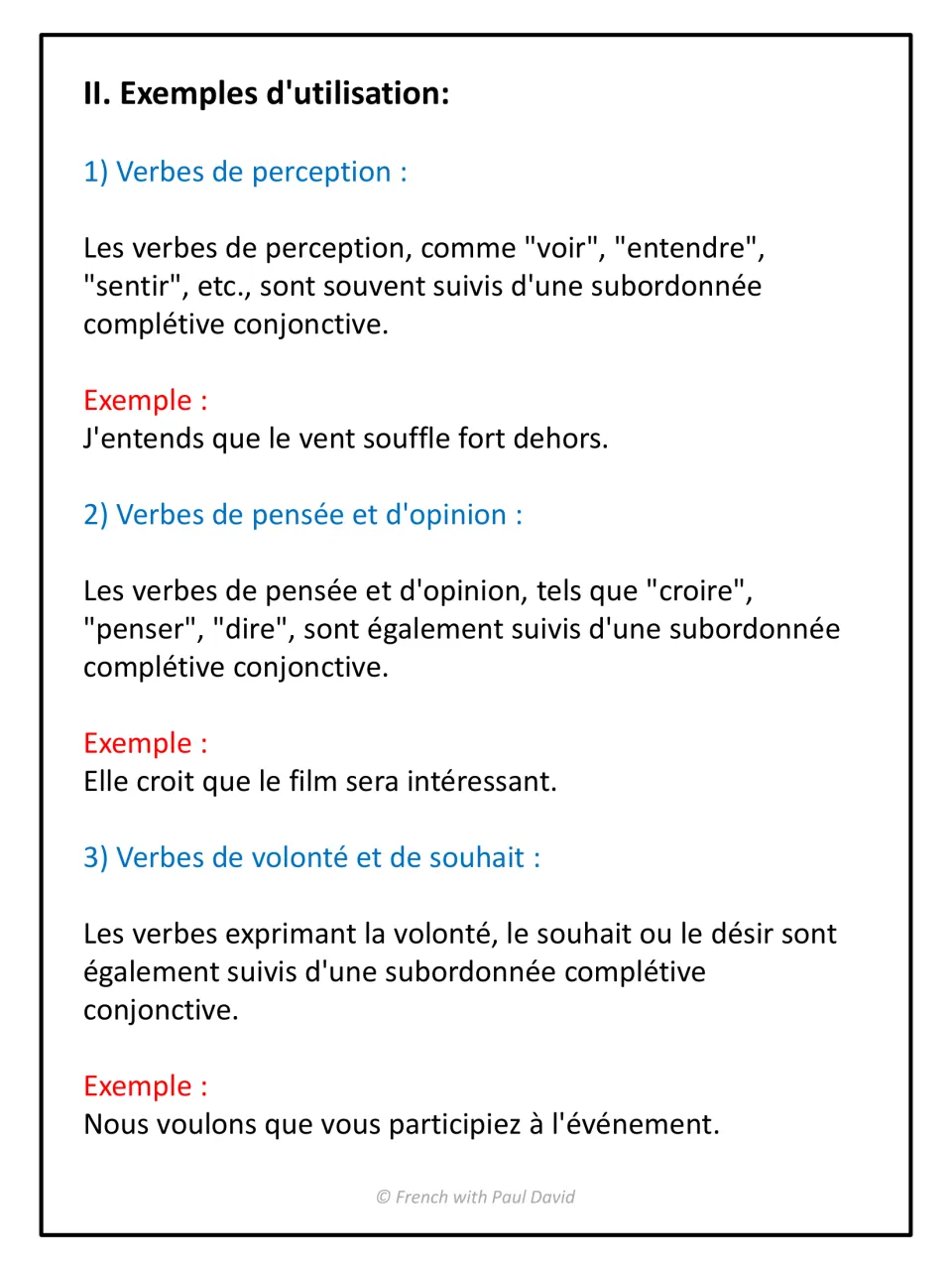 Verbs followed by a completive clause: perception, thought and opinion, and will or wish verbs, each with an example