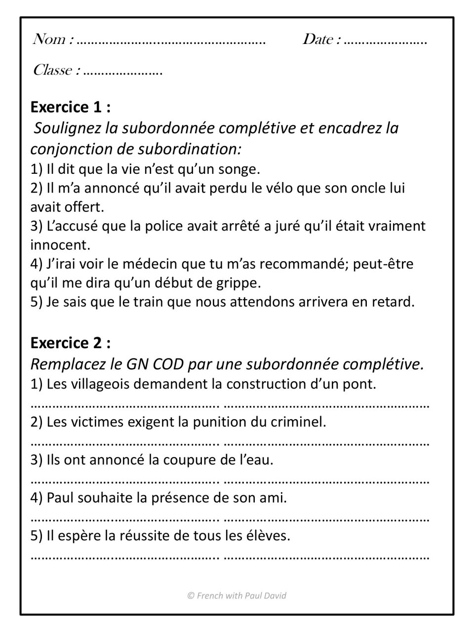 Identifying completive clauses: students underline the clause and box que in 5 sentences, then replace noun objects