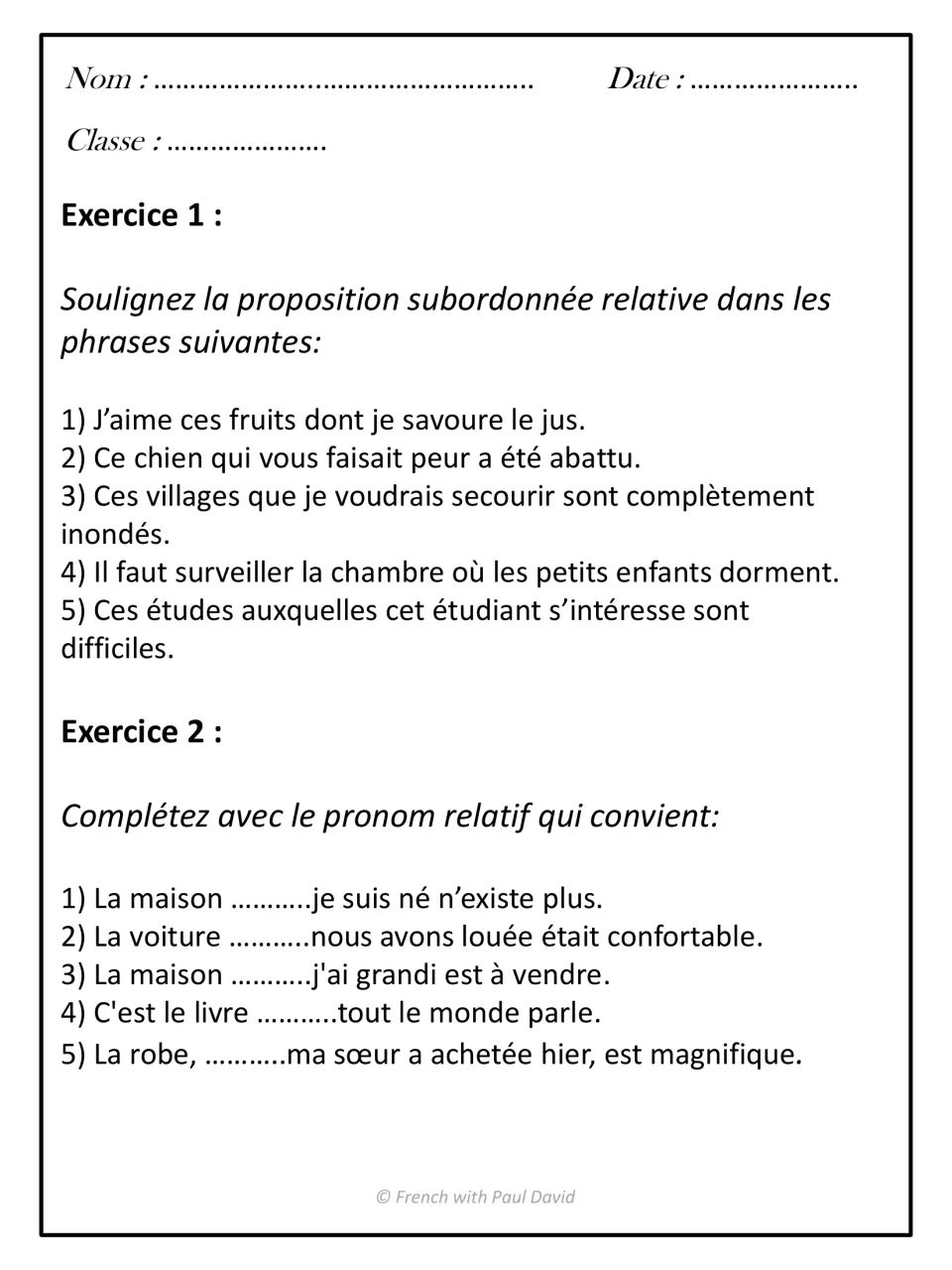 Relative clause exercises: students underline the relative clause in 5 sentences, then fill in the missing pronoun