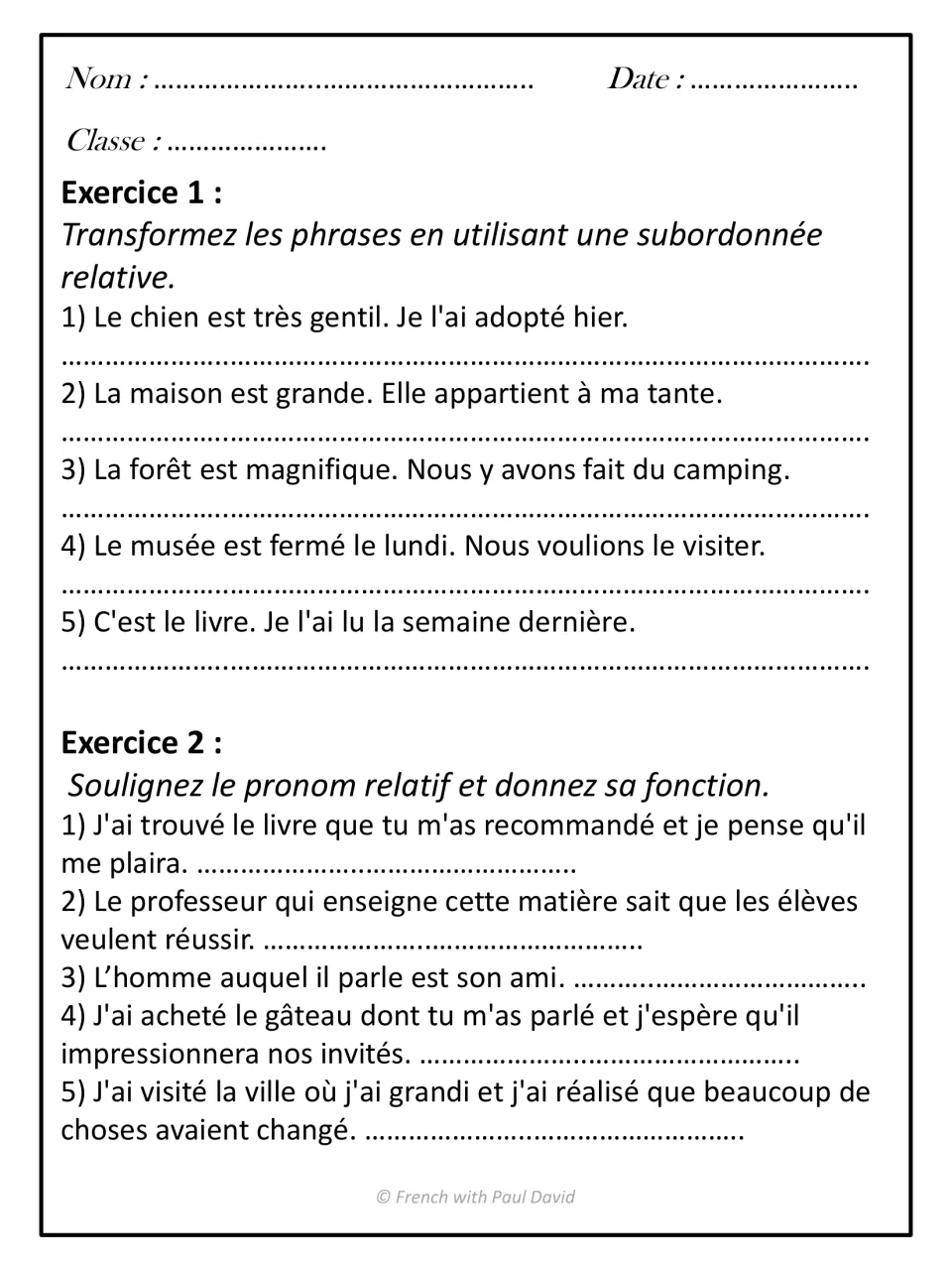 Combining sentences with relative clauses: students join 5 sentence pairs, then underline each pronoun and name its role