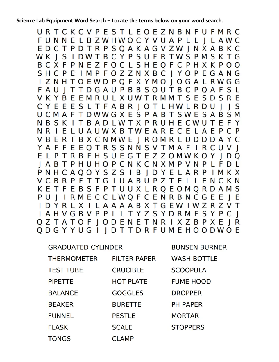 Science lab equipment word search: students find 25 tool names such as beaker, Bunsen burner, crucible and fume hood