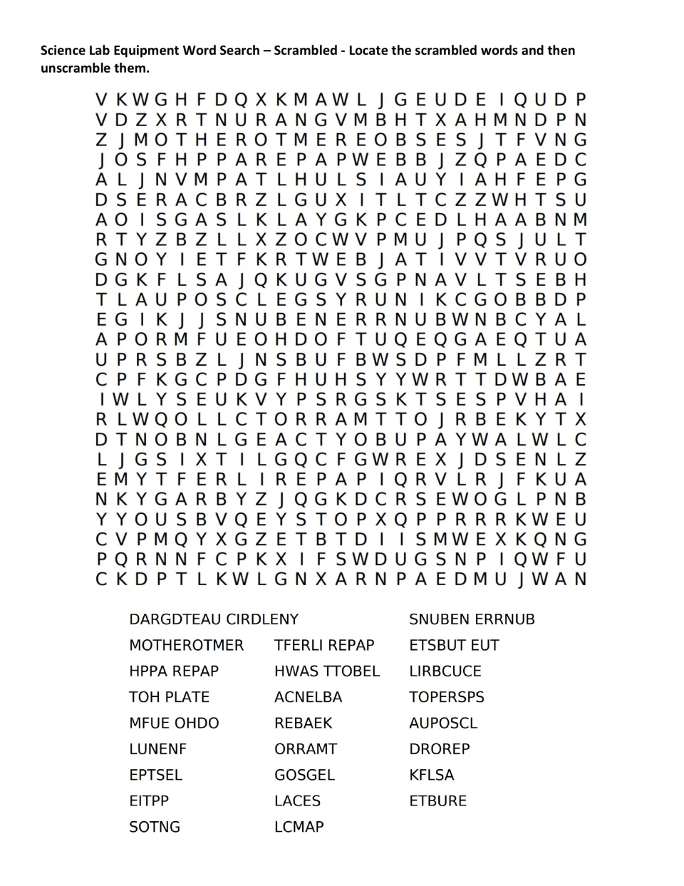 Scrambled lab equipment word search: students locate jumbled terms like REBAEK and KFLSA, then unscramble each name
