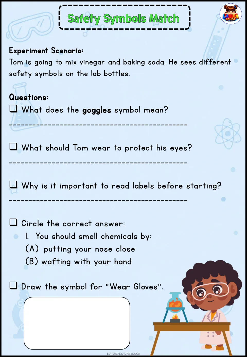 Safety Symbols Match: Tom mixes vinegar and baking soda; students explain the goggles symbol and draw a Wear Gloves symbol