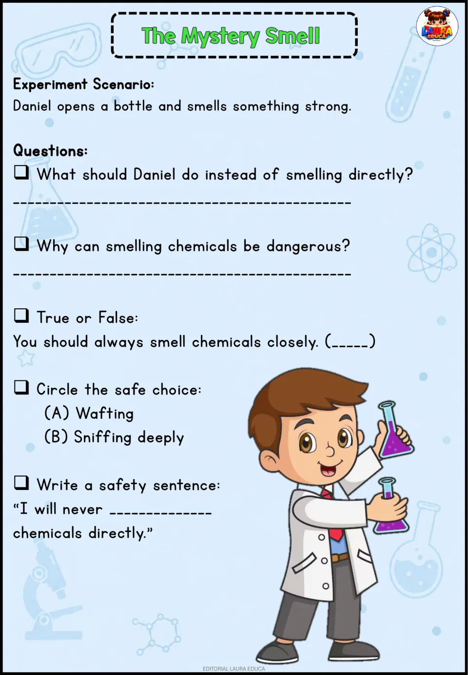 The Mystery Smell: Daniel sniffs a bottle; students explain why wafting is safer and finish 'I will never ___ chemicals'