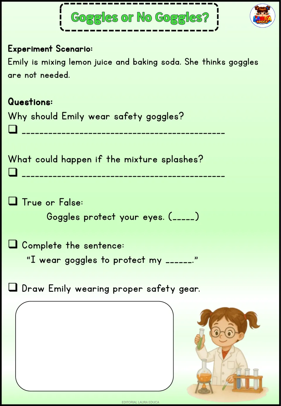 Goggles or No Goggles?: Emily mixes lemon juice and baking soda; students explain eye protection and draw her in gear