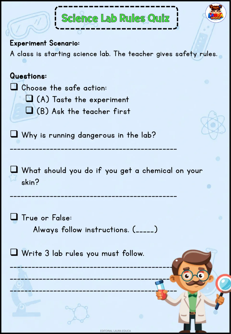 Science Lab Rules Quiz: students choose the safe action, explain why running is risky, handle a skin spill and list 3 rules