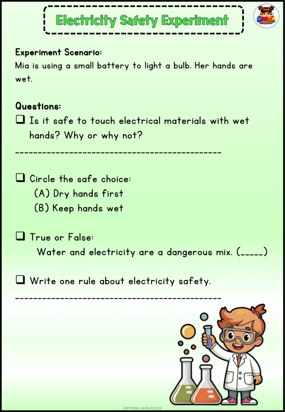 Electricity Safety Experiment: Mia lights a bulb with wet hands; students judge the risk, pick dry hands and write a rule