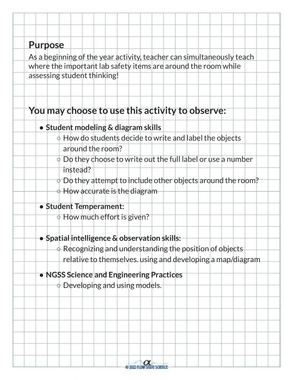 Teacher purpose notes: what to observe as students map lab safety items, from labeling choices and effort to spatial skills