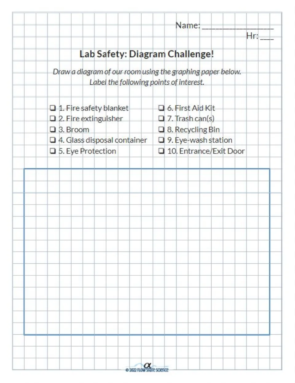 Lab safety diagram challenge: students draw the classroom and label 10 items such as fire extinguisher and eye-wash station