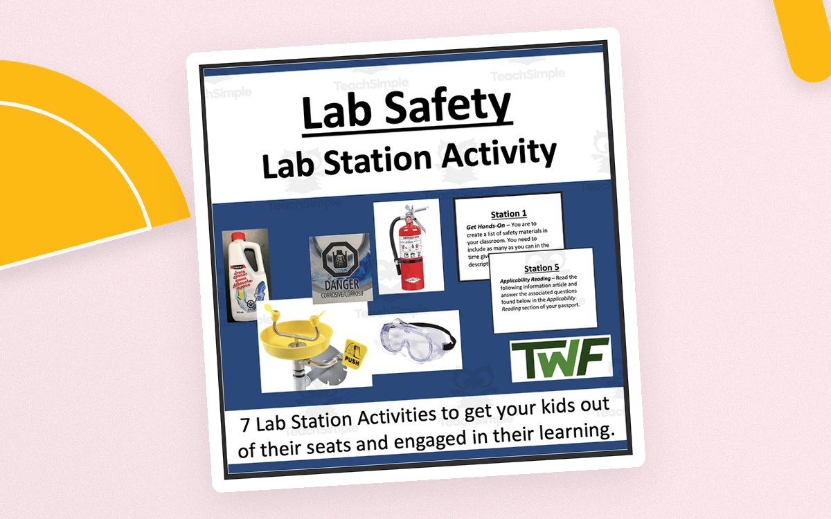 Lab Safety Lab Station Activity cover with safety equipment images, two station cards, and a note that seven stations are included.