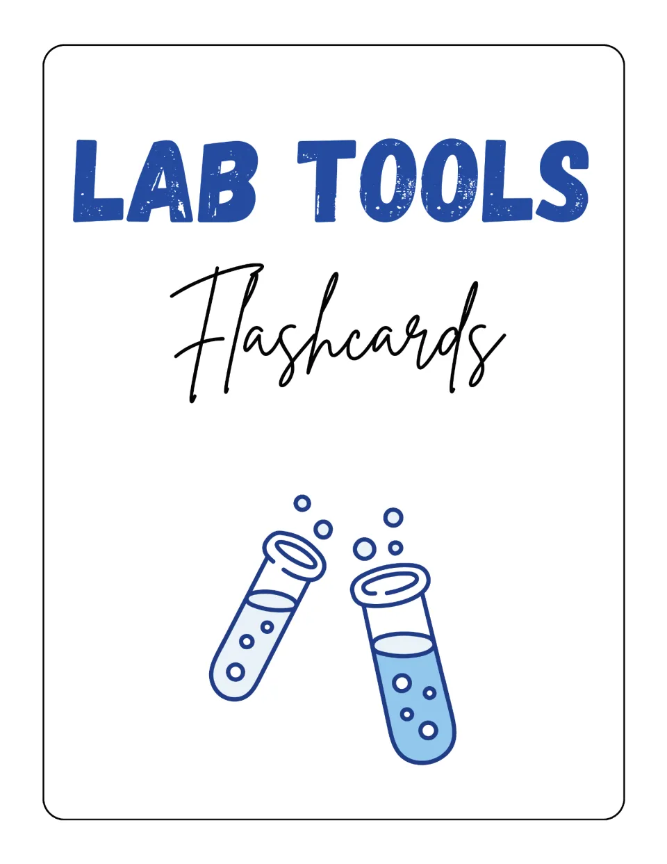 Lab Tools Flashcards cover in blue and script lettering, with two bubbling test tubes illustrating the science lab theme