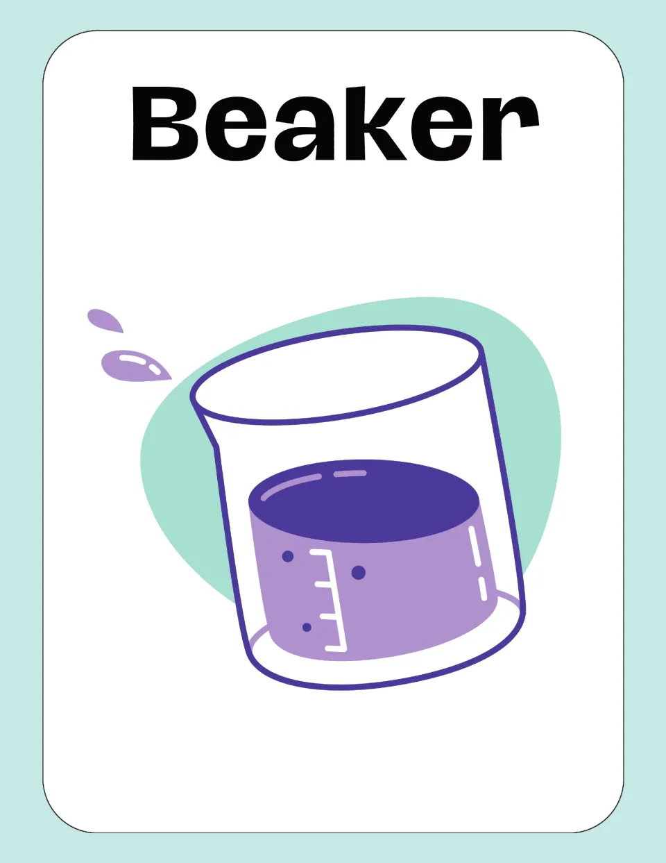 Beaker vocabulary card: the word Beaker over a drawing of a tilted glass beaker with measuring marks and purple liquid