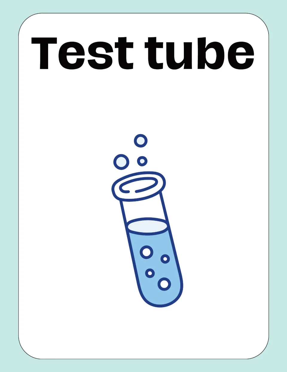 Test tube card: the term Test tube labels a drawing of a single slanted tube holding blue liquid with bubbles rising out