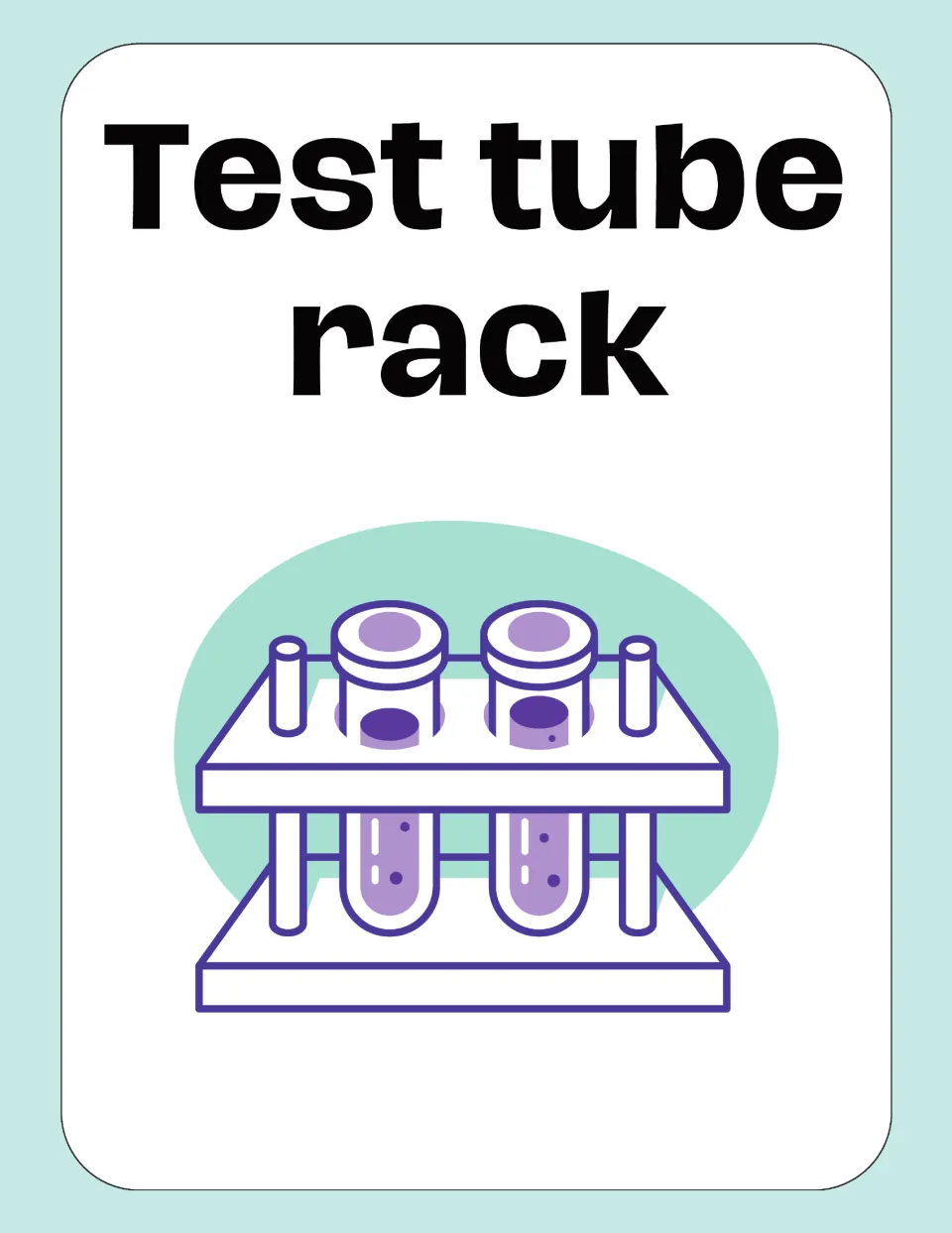 Test tube rack card: the term printed above a two-level stand holding two capped tubes of purple liquid and two empty pegs