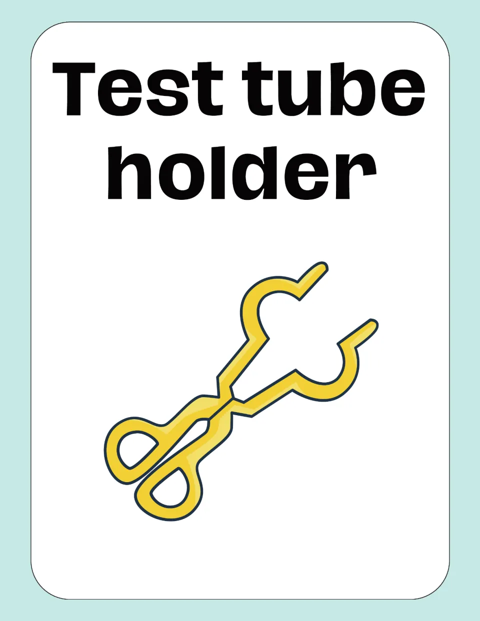 Test tube holder card: the label sits above a drawing of yellow scissor-style tongs with curved jaws for gripping a tube