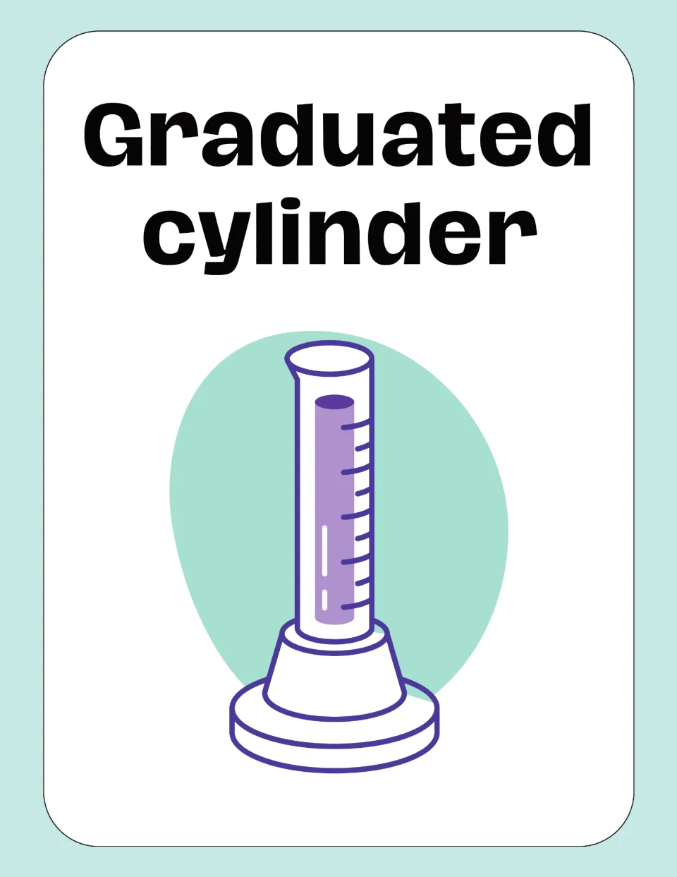 Graduated cylinder card: the term above a tall cylinder with tick marks up its side, purple liquid and a round base