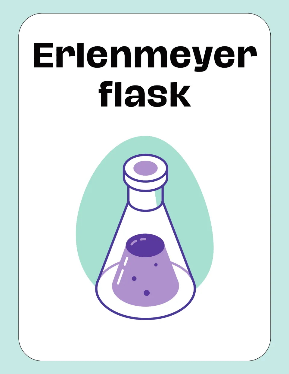 Erlenmeyer flask card: the name printed over a cone-shaped flask with a narrow neck and stopper, holding purple liquid