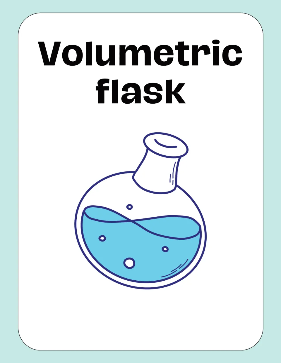 Volumetric flask card: the name above a round-bottomed flask with a short tilted neck, filled partway with blue liquid
