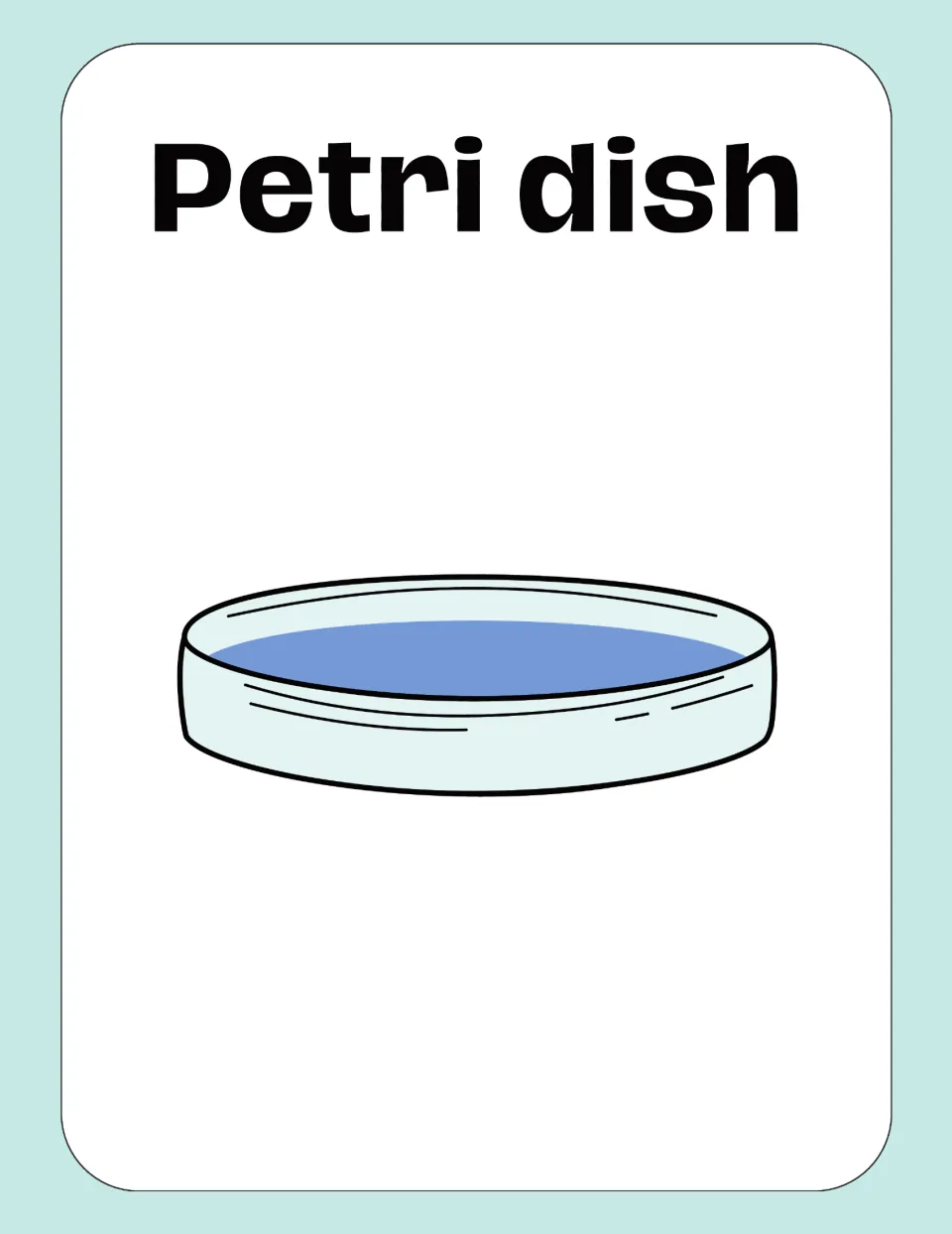 Petri dish card: the term Petri dish over a drawing of a shallow, clear round dish holding a thin layer of blue liquid