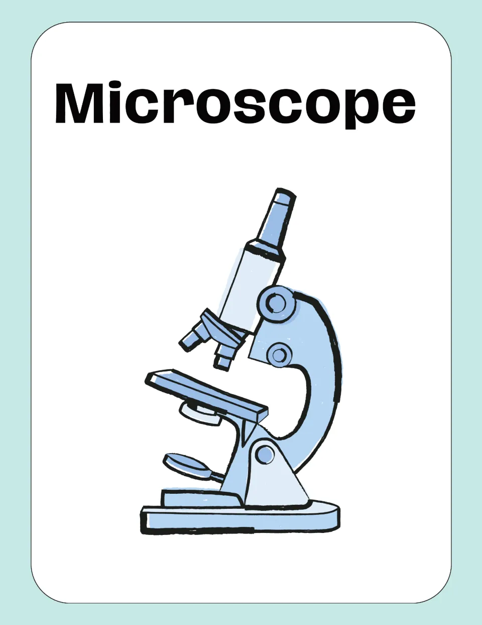 Microscope card: the word Microscope above a light blue drawing showing eyepiece, objective lenses, stage, mirror and arm